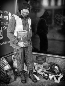 A captivating street photography capturing a homeless man with a book and two dogs.